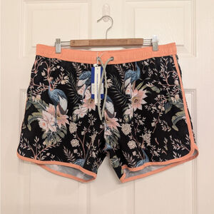 New Men's Maamgic XL Black Floral Crane Swim Trunks with Orange Trim Tropical